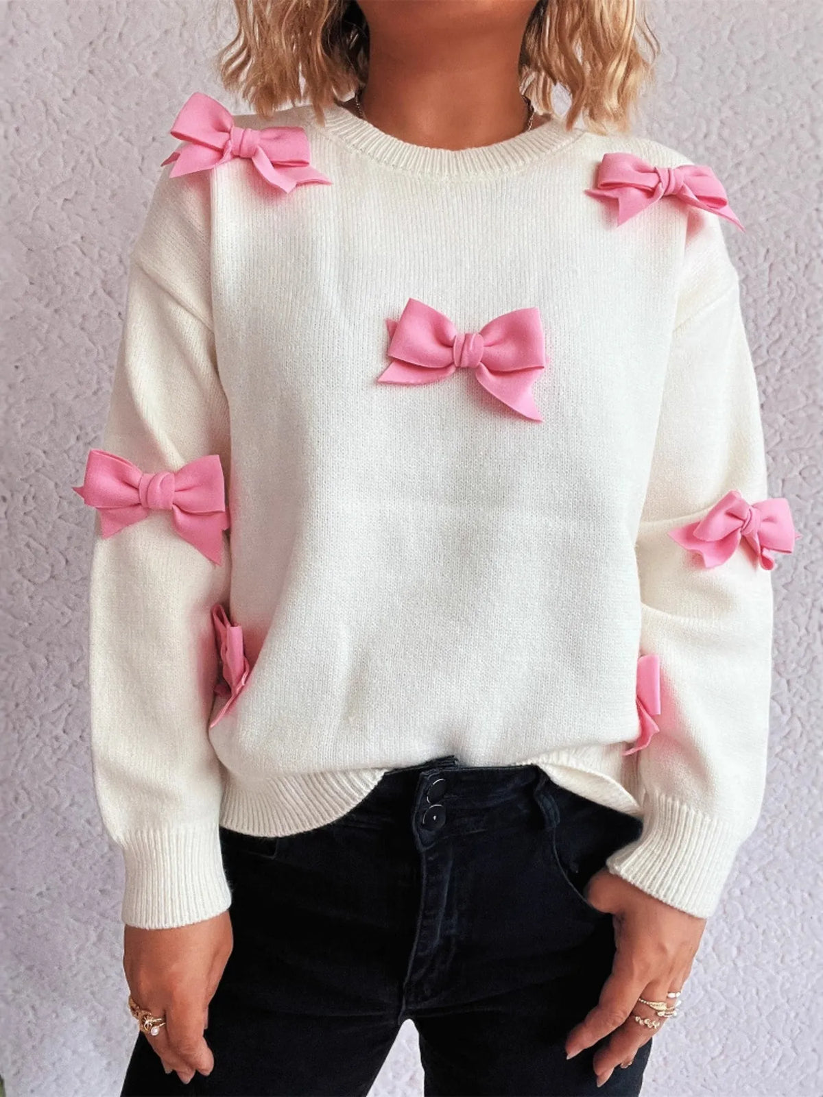 Bow round neck long sleeve sweater back view