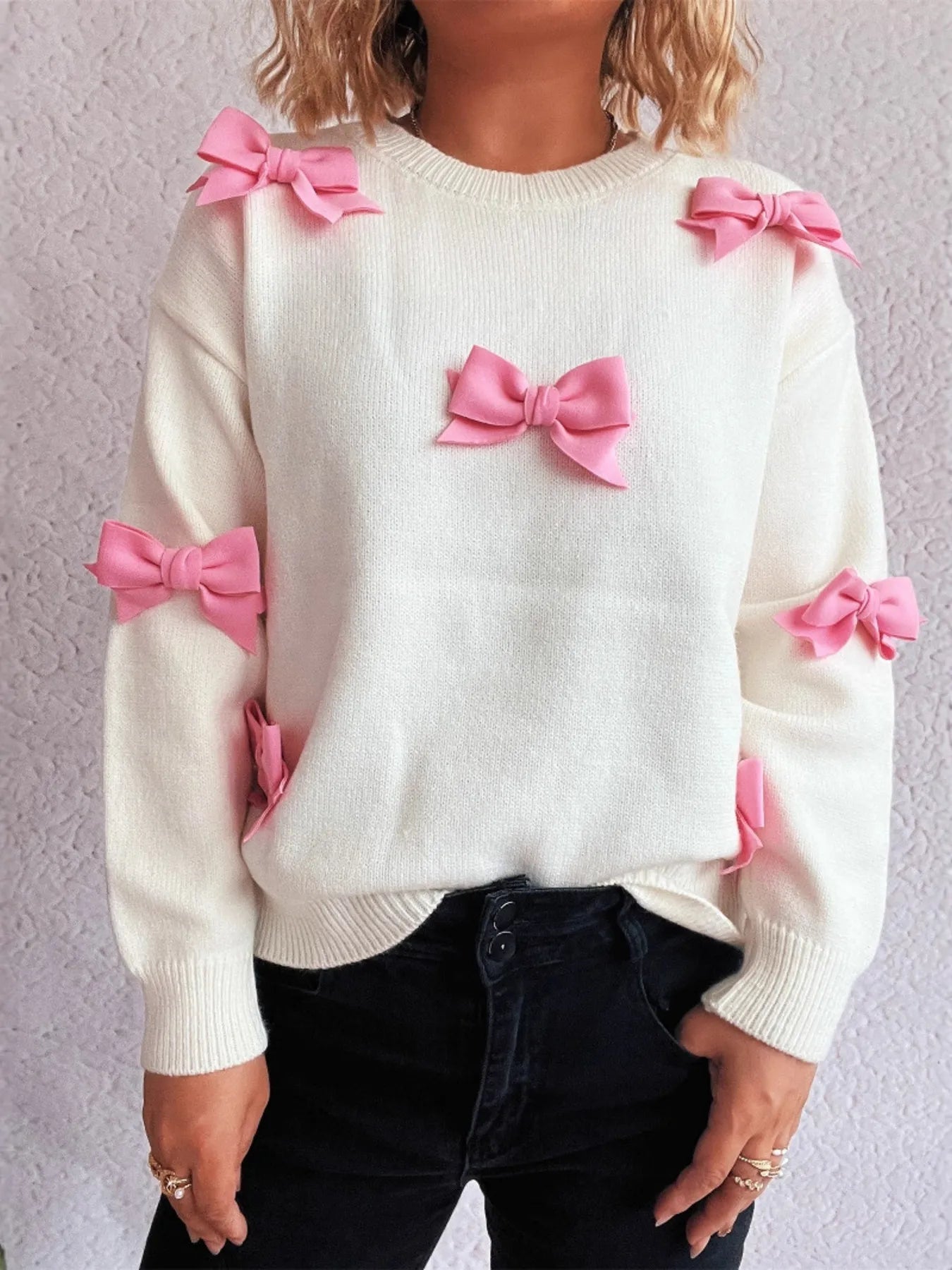 Bow Round Neck Long Sleeve Sweater - Fashorio