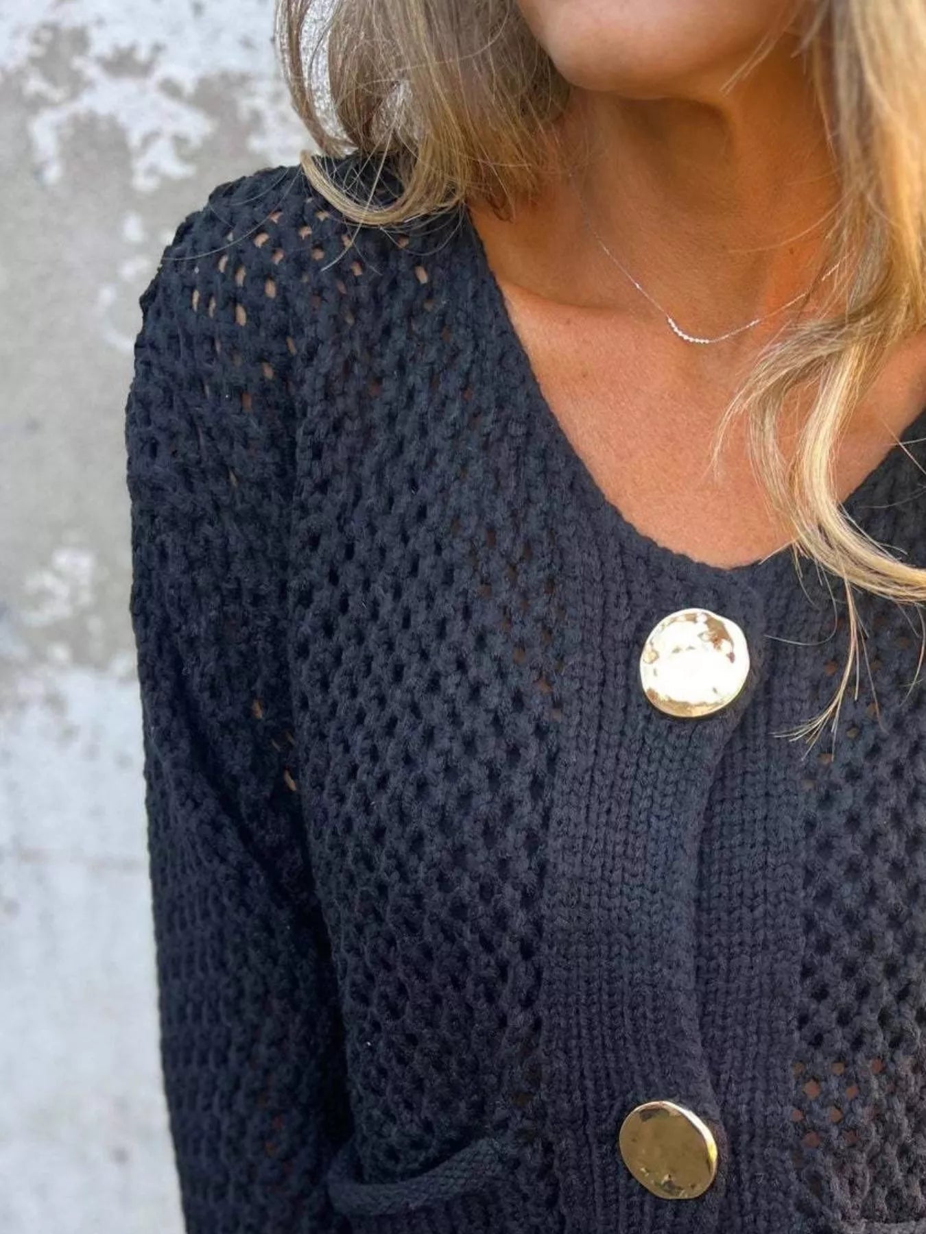 Crochet Button Up Long Sleeve Cardigan - Fashorio