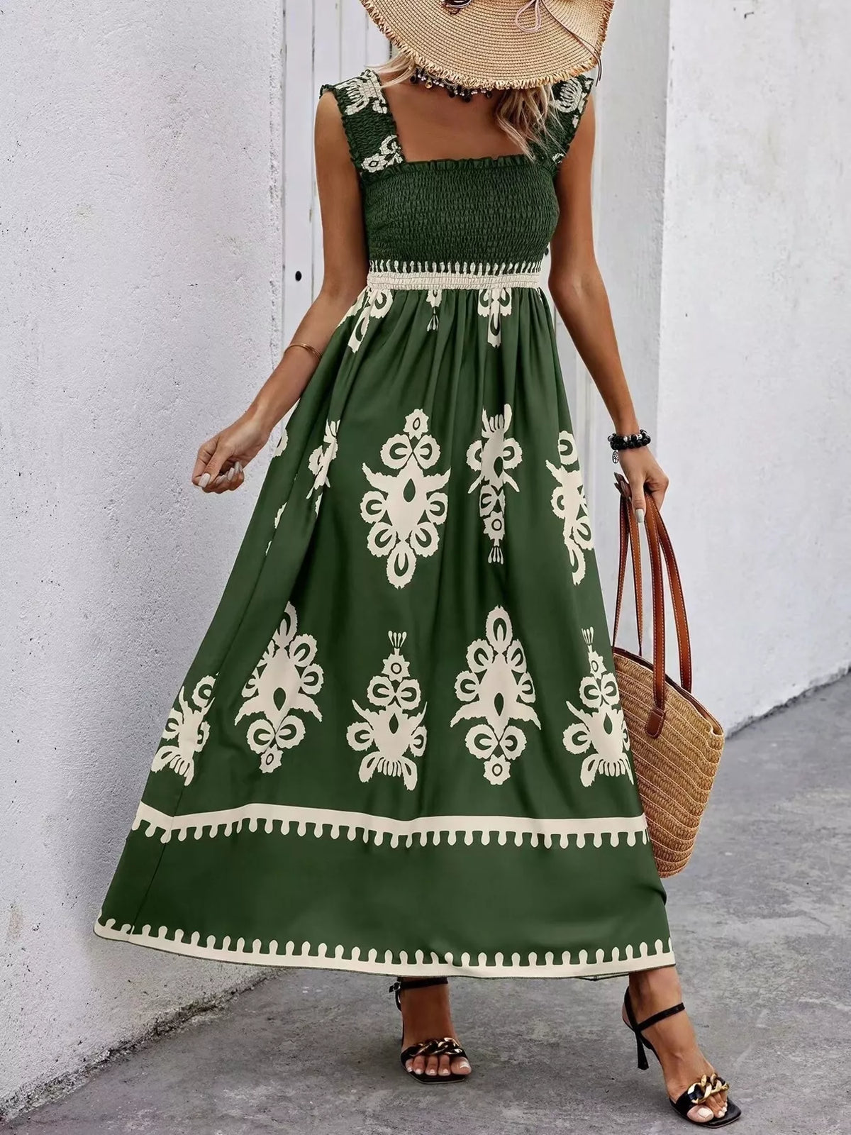 printed square neck smocked maxi dress hemline detail