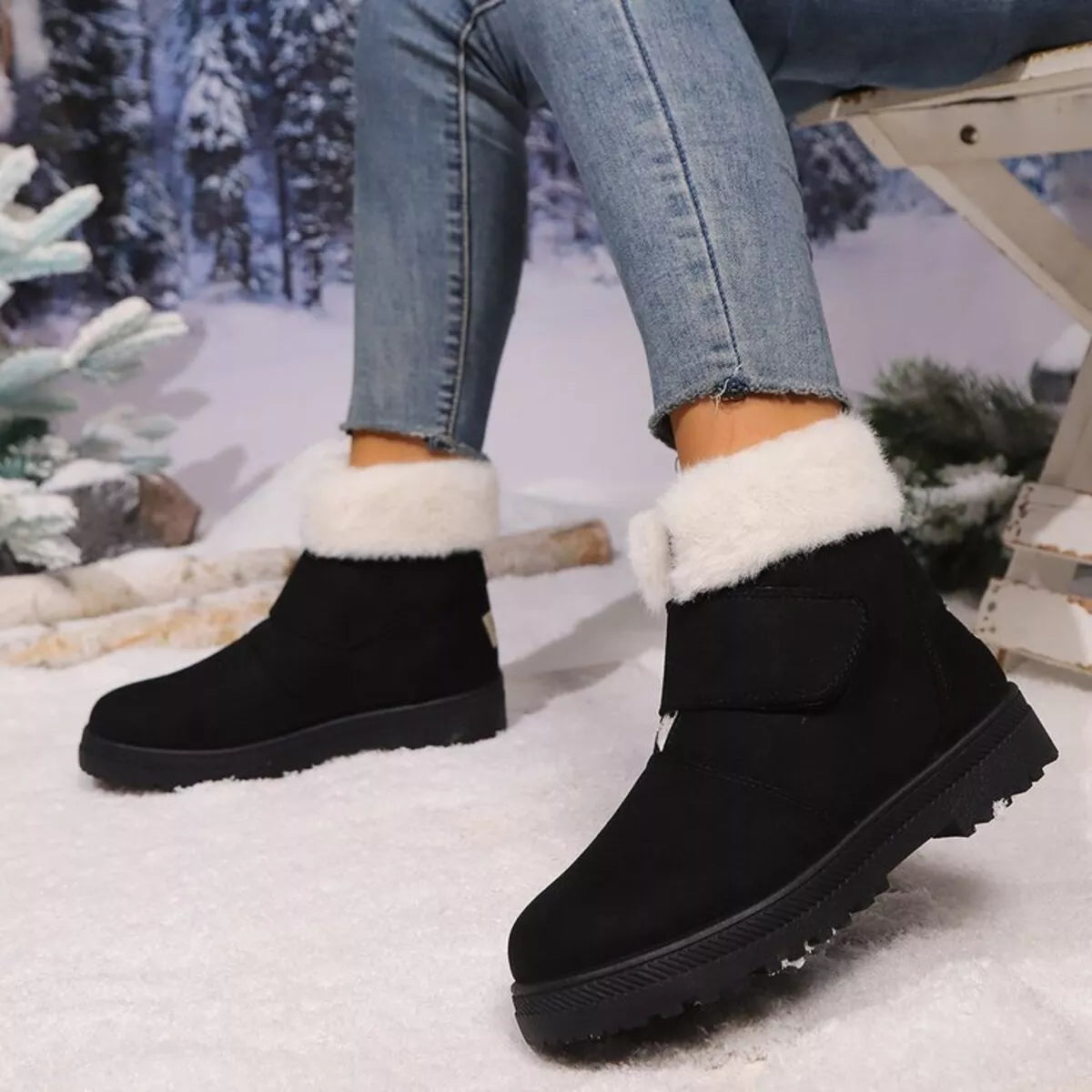 Round Toe Fuzzy Ankle Boots angled three quarter view