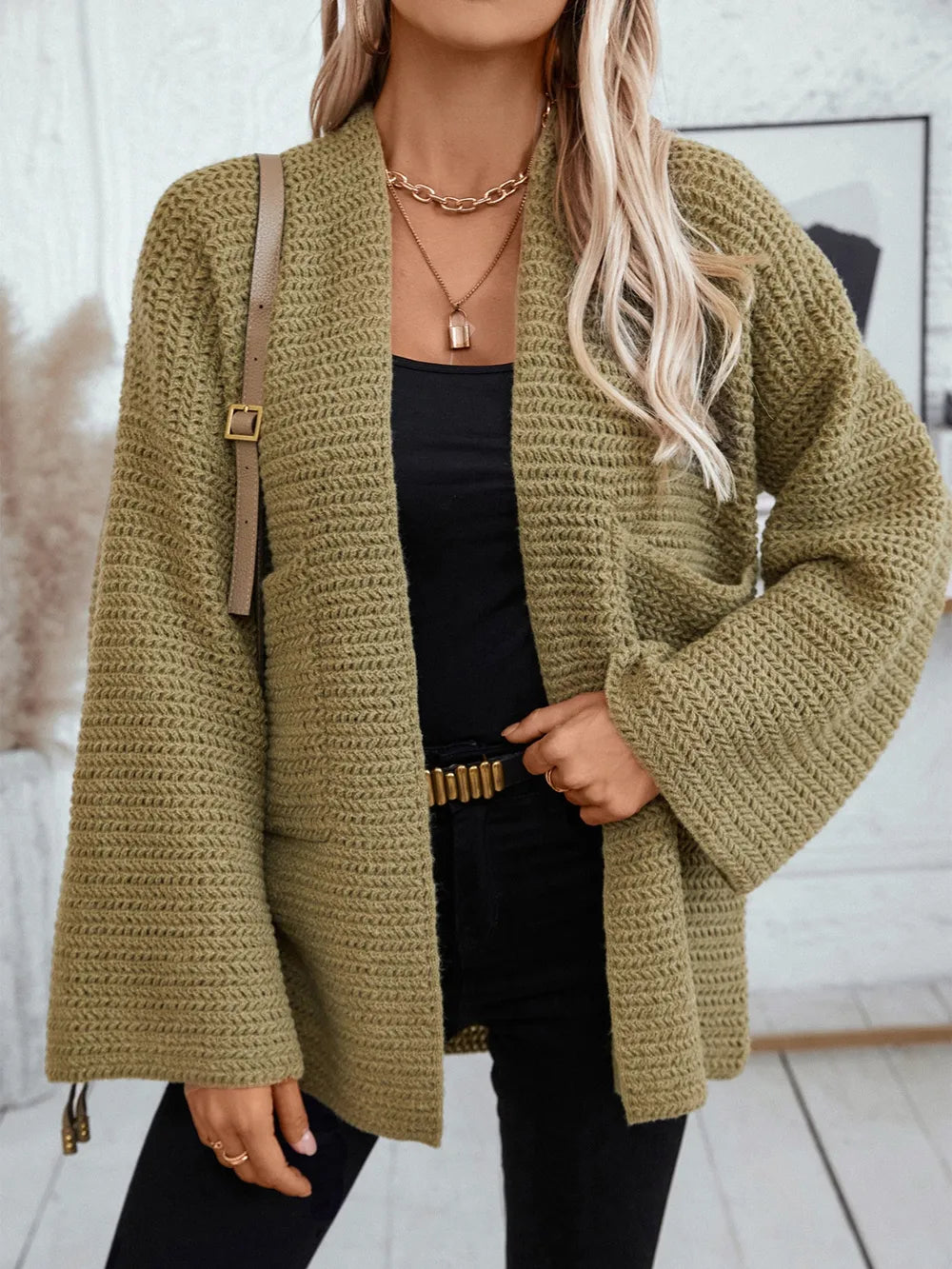 Open Front Long Sleeve Cardigan Moss - Fashorio