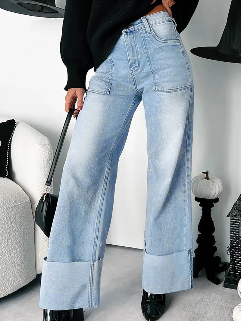Azure blue cuffed hem wide leg jeans front view