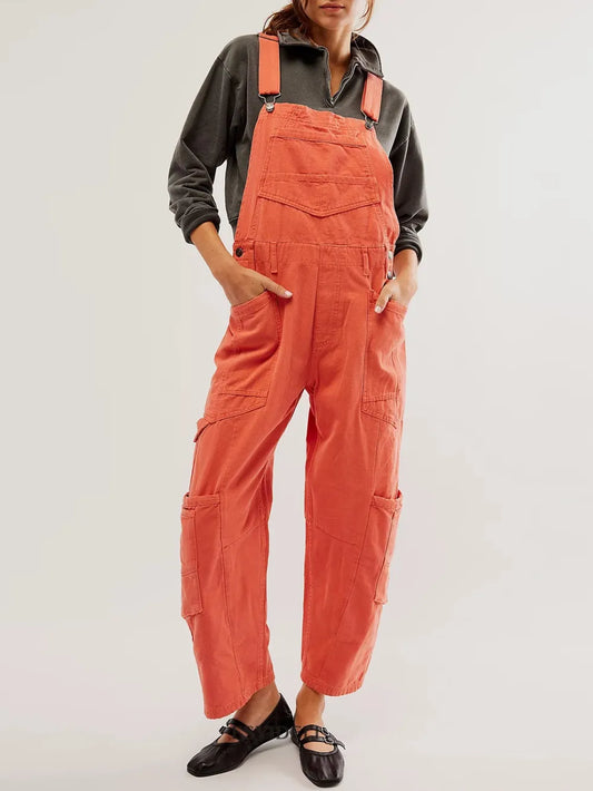 Pocketed Wide Strap Denim Overalls Orange - Fashorio