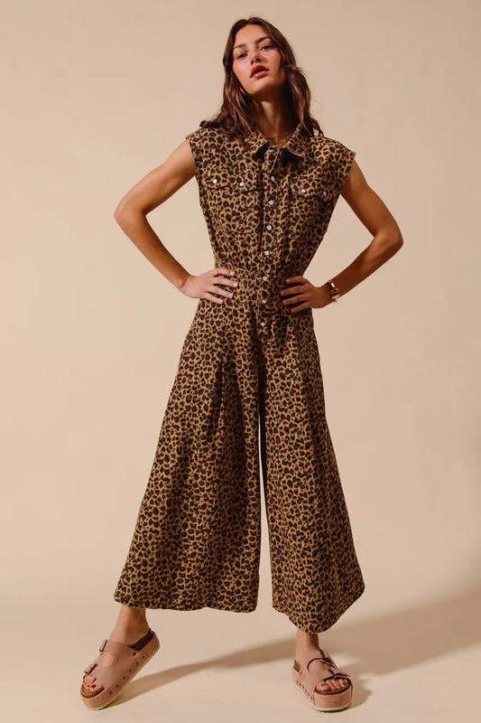 SO ME Wide Leg Leopard Twill Overalls Jumpsuit with Tuck LEOPARD - Fashorio