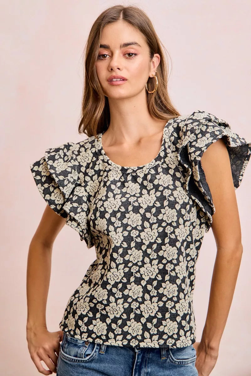 Black floral ruffle sleeve top back view