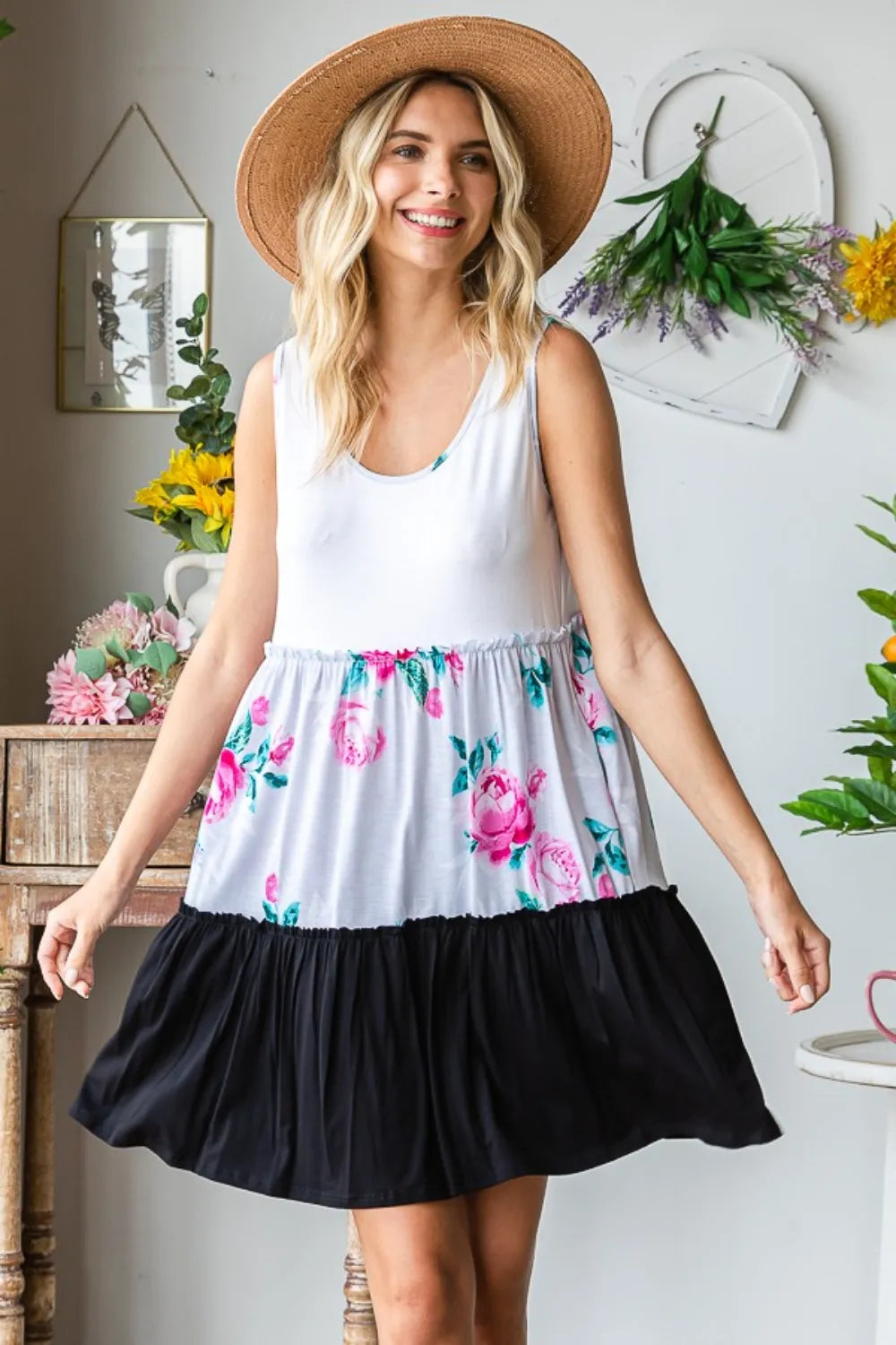 Scoop Neck Frill Tiered Dress in Ivory styled look