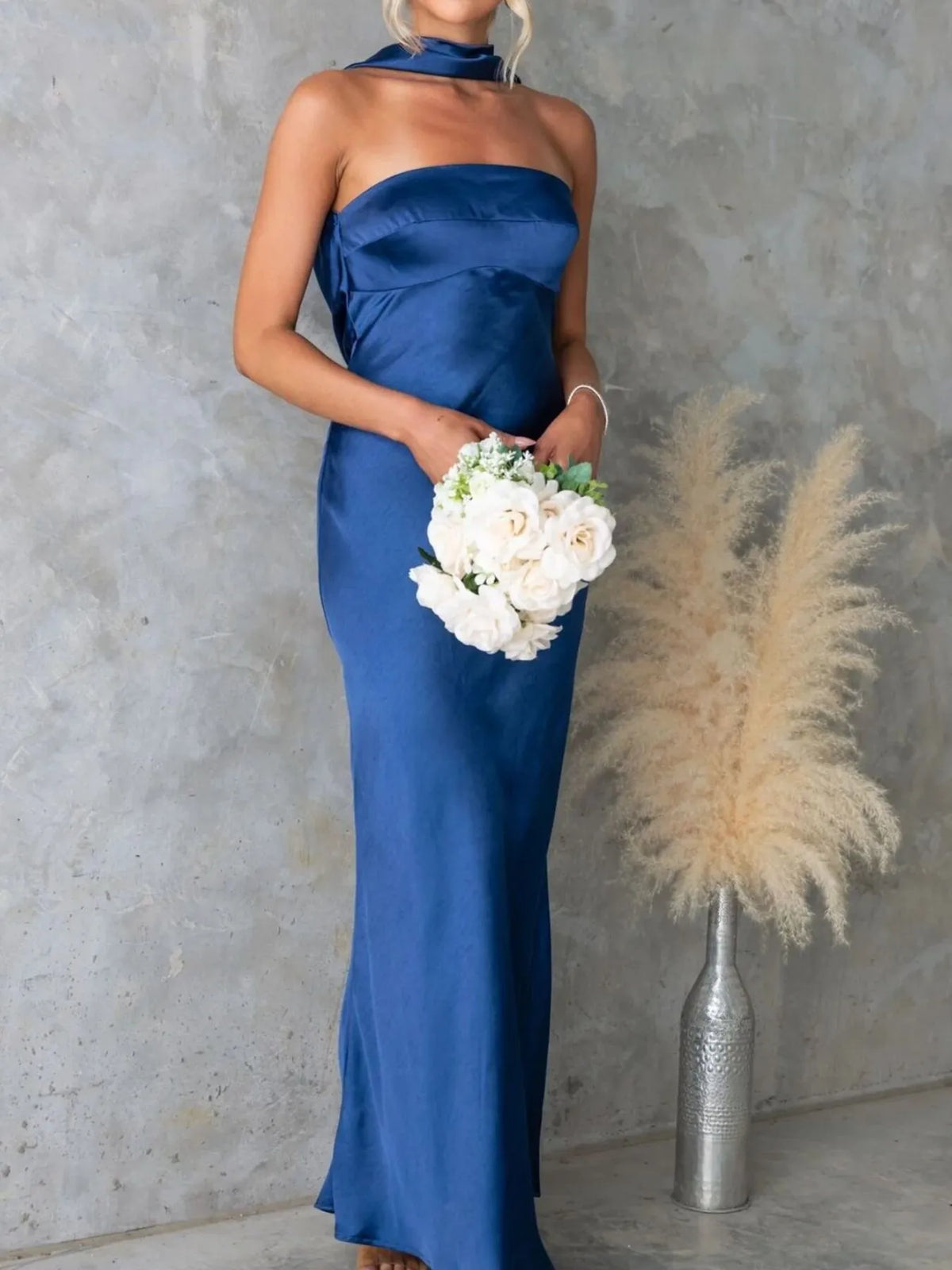Satin tube maxi dress side view