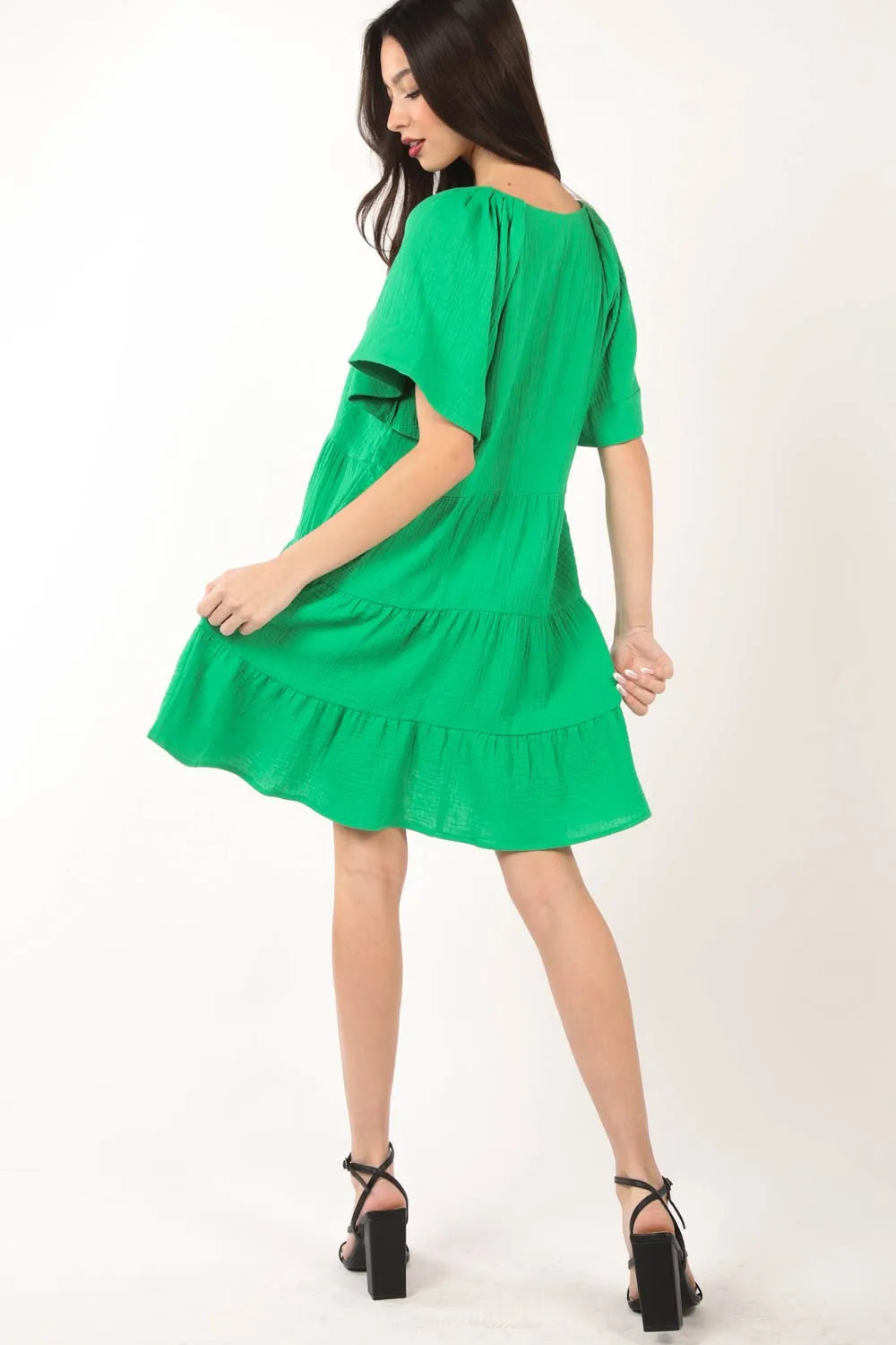 Texture V Neck Ruffled Tiered Dress back view