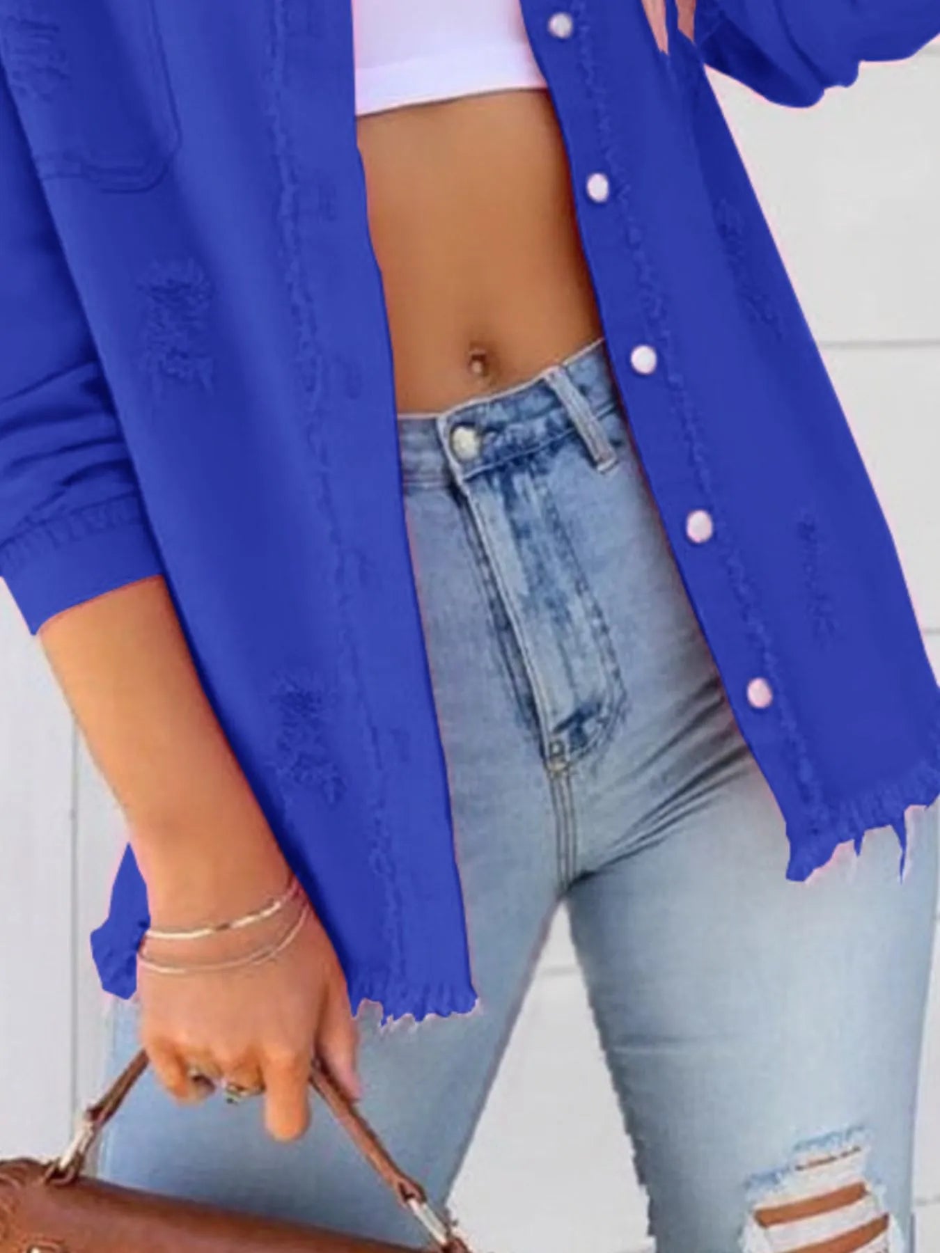 Distressed Denim Jacket with Frayed Edges - Fashorio