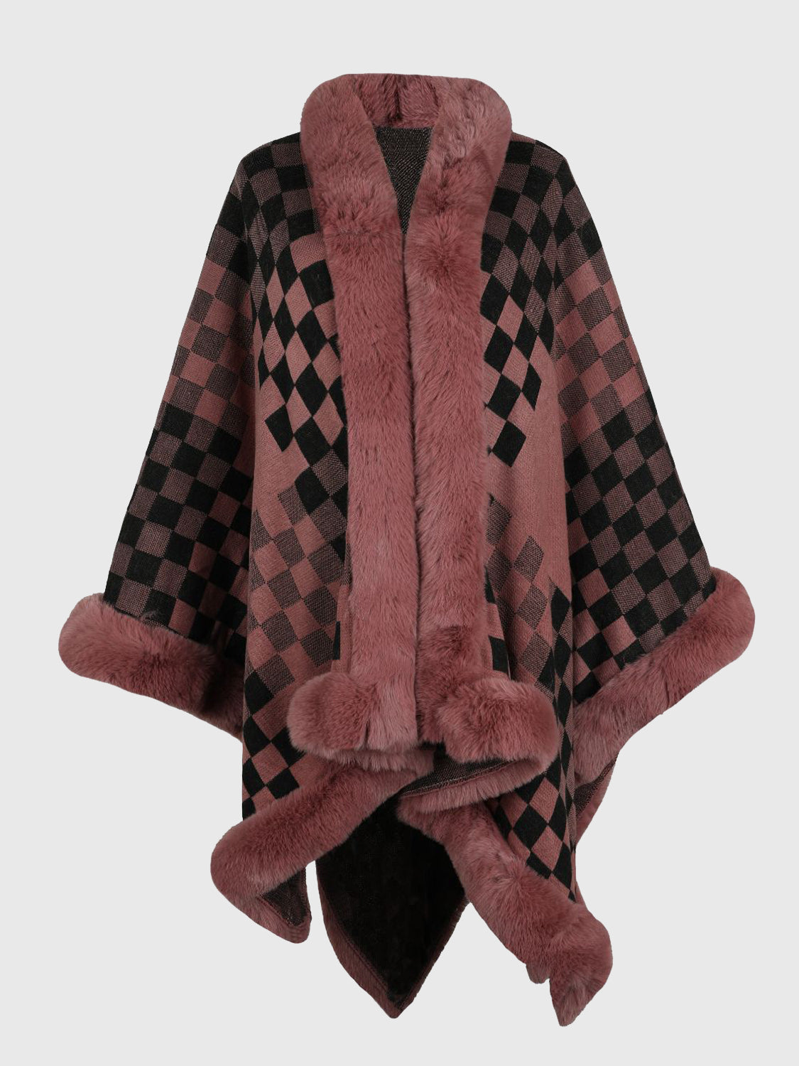 Checkered Faux Fur Trim Poncho Burnt Coral One Size - Fashorio