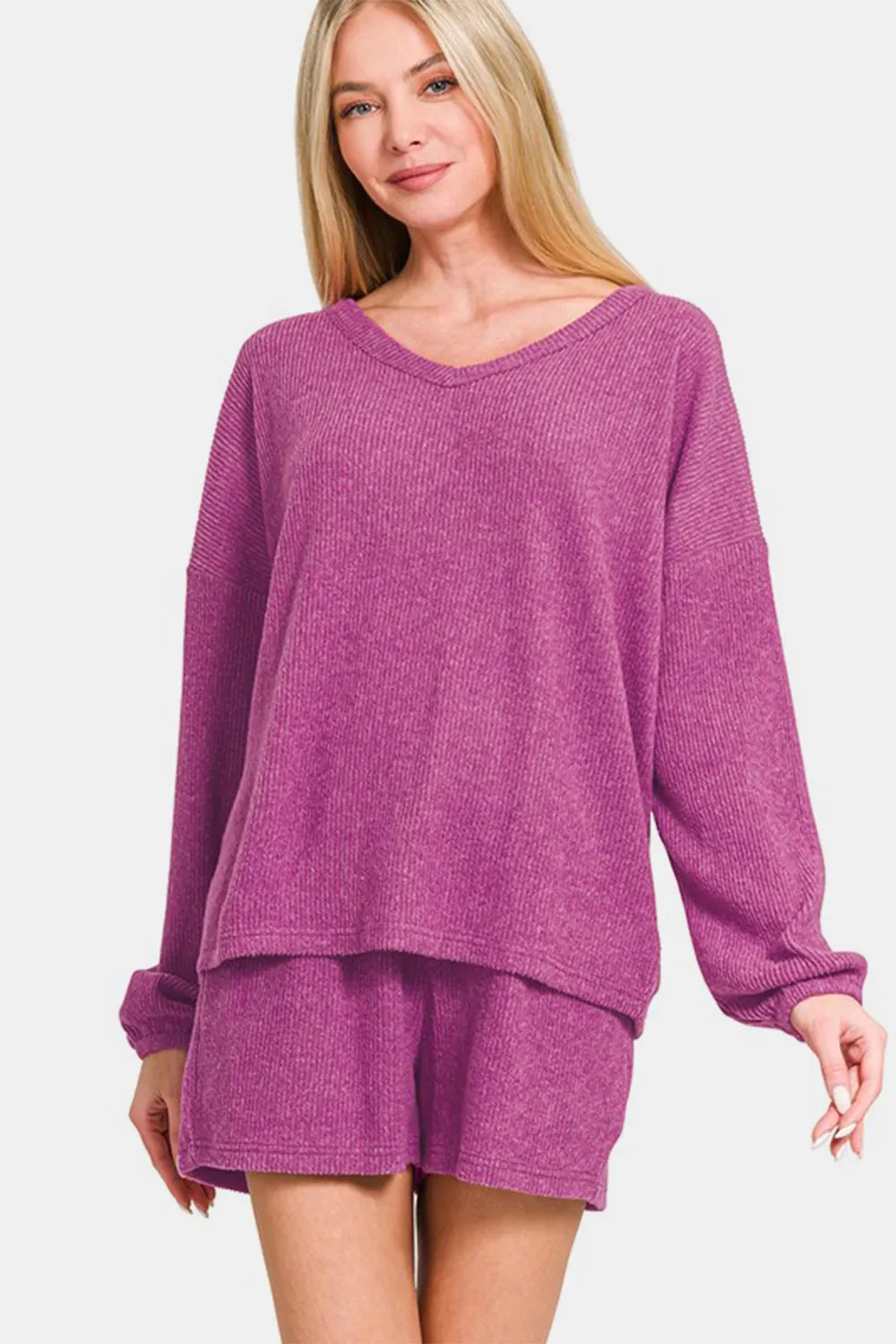 Zenana V-Neck Long Sleeve Ribbed Top and Shorts Set Red-Violet - Fashorio