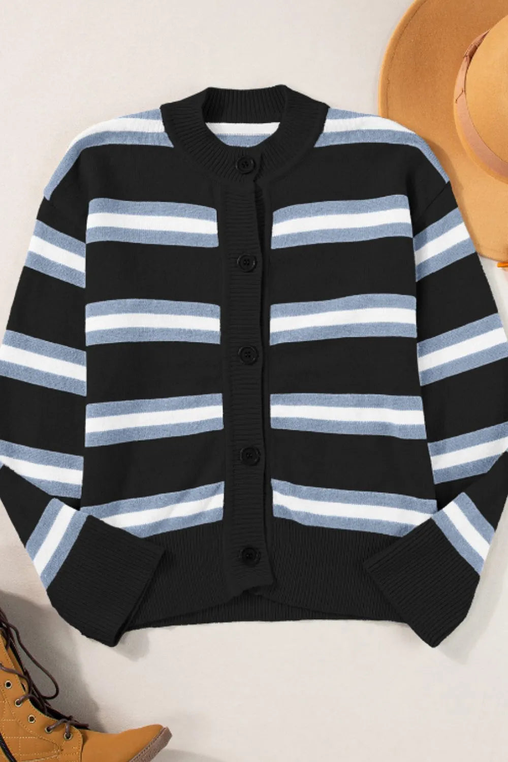 Striped Button Down Long Sleeve Cardigan - Fashorio