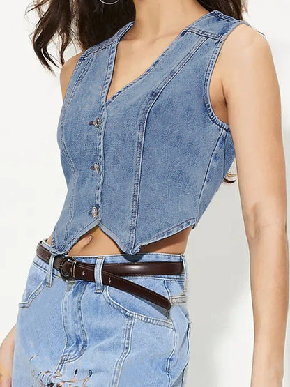 Button-Up Sleeveless Denim Vest - Fashorio