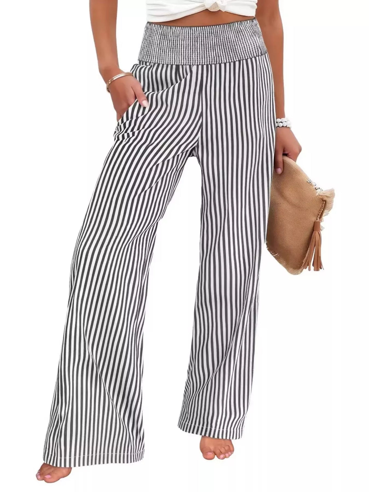 Striped smocked waist wide leg pants side view