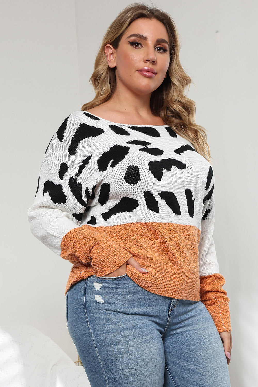 Plus Size Leopard Round Neck Long Sleeve Sweater - Fashorio