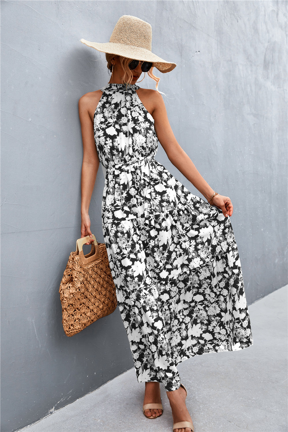 Printed Sleeveless Tie Waist Maxi Dress Black White Floral - Fashorio