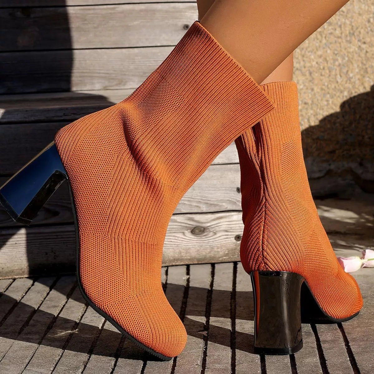 Round Toe Mesh Block Heel Boots material texture close up