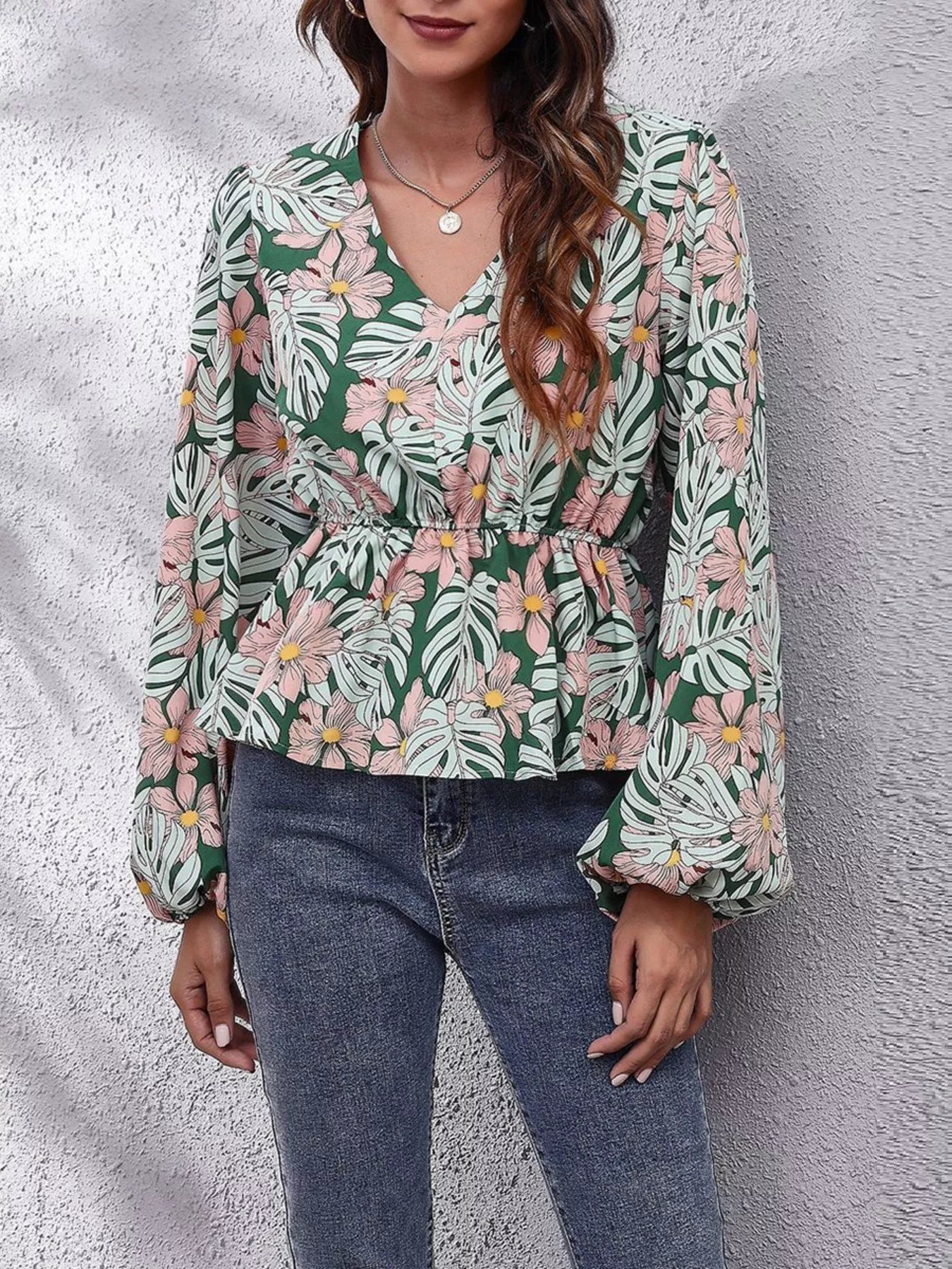 Floral V-Neck Balloon Sleeve Blouse - Fashorio
