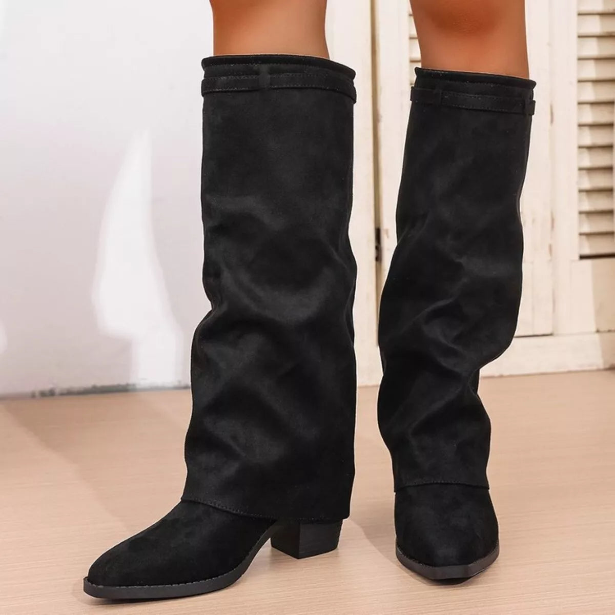 Point toe block heel boots front view