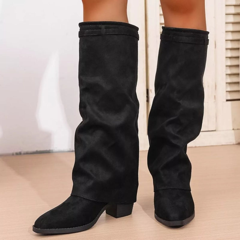 Point toe block heel boots front view