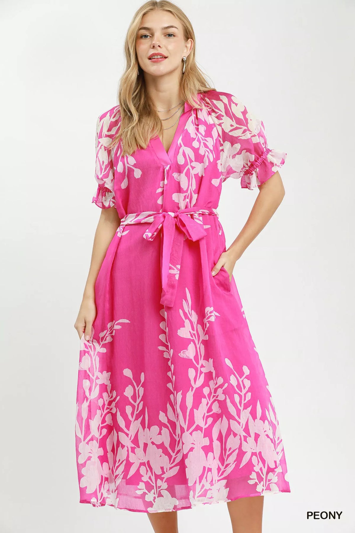 Peony floral tie waist midi dress with puff sleeves front view