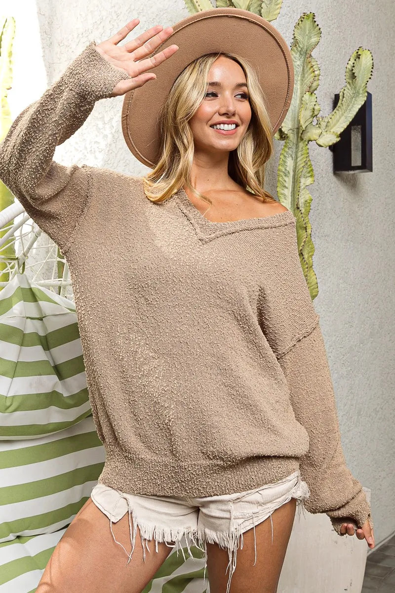 BiBi Raw Edged Popcorn Texture V-neck Sweater - Fashorio