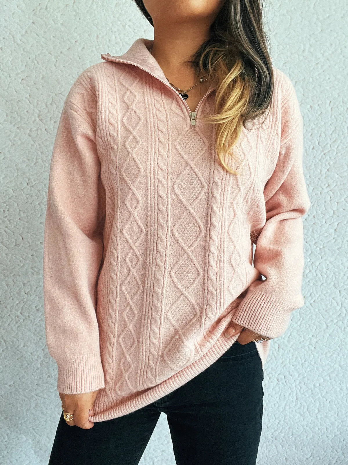 Texture zip collar long sleeve sweater, open collar view
