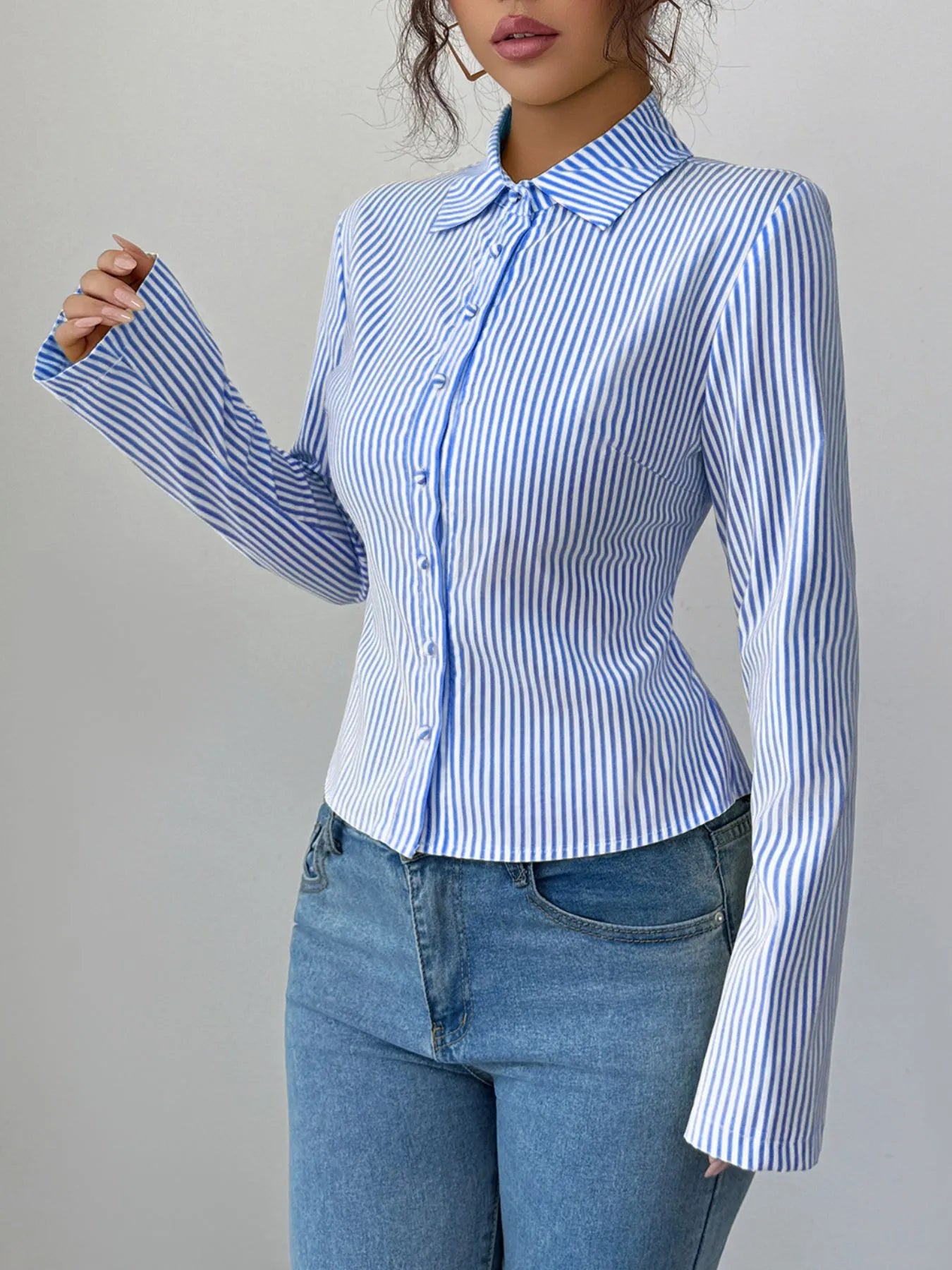 Striped Button-Up Long Sleeve Shirt - Fashorio
