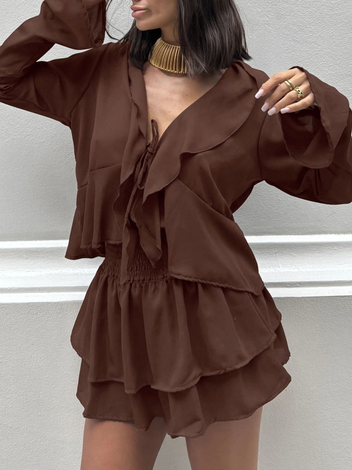 Dark brown ruffle skirt set outfit