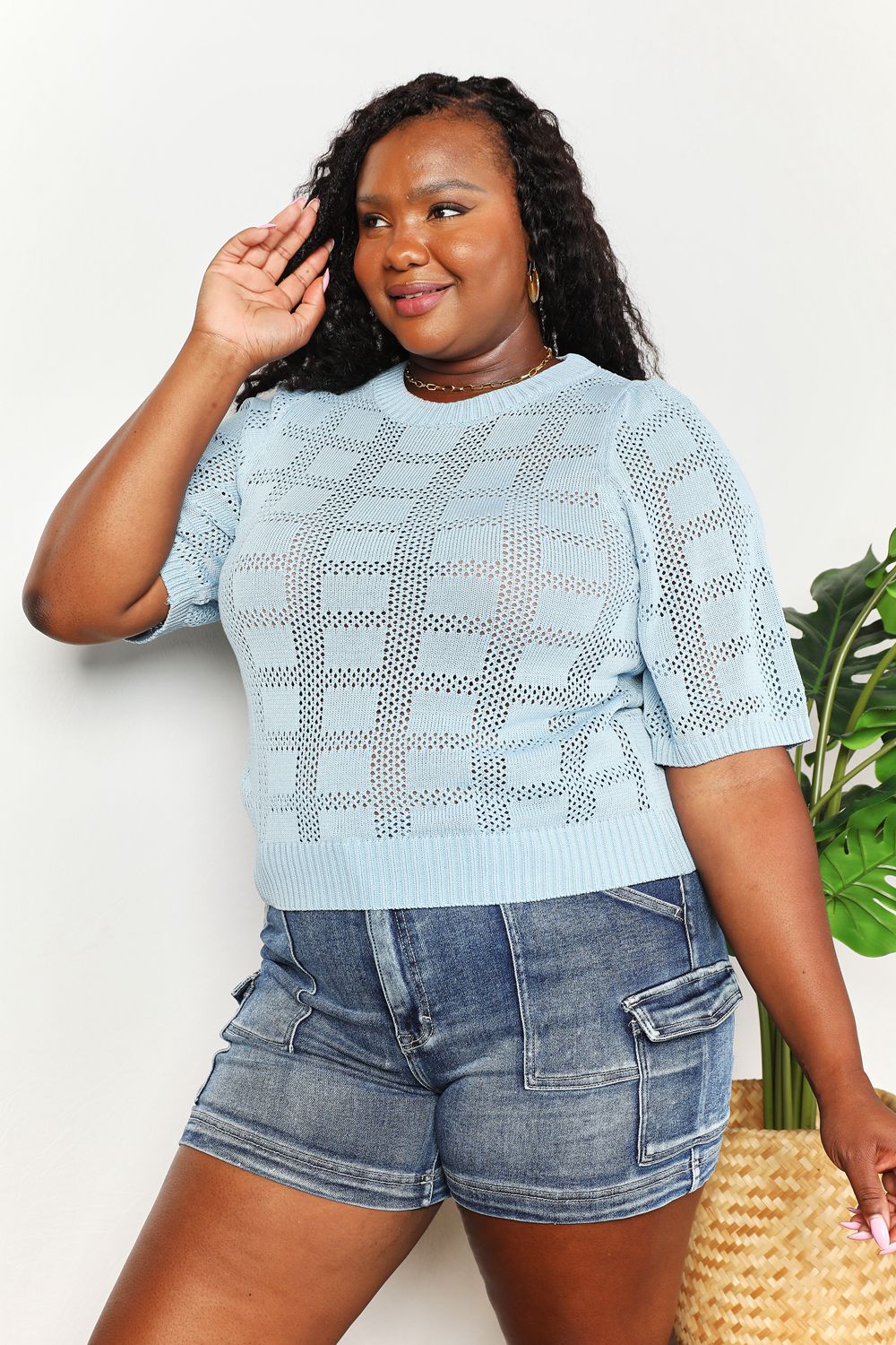 Womens round neck top full length styling view
