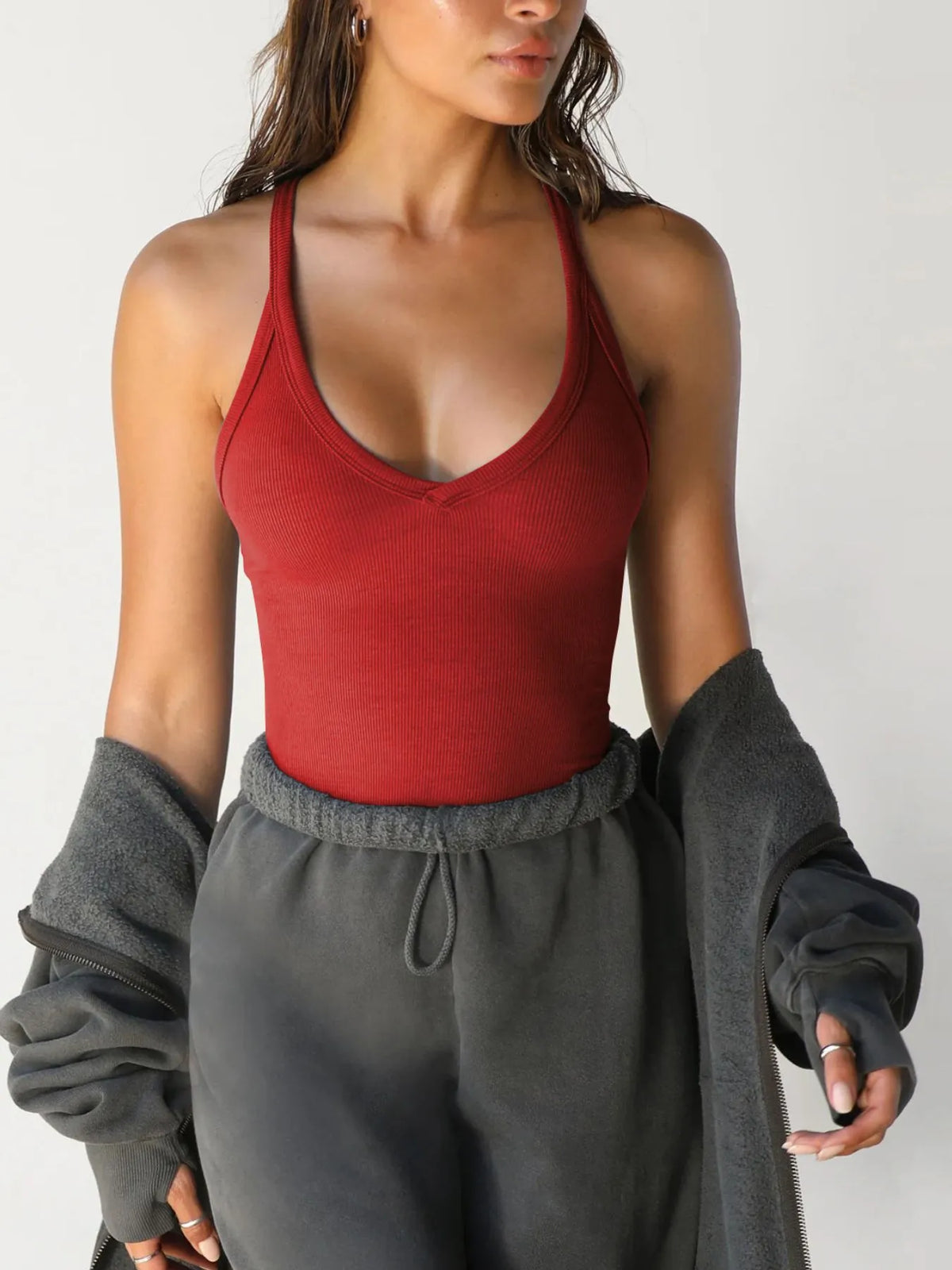 Halter tank top in dark gray full look