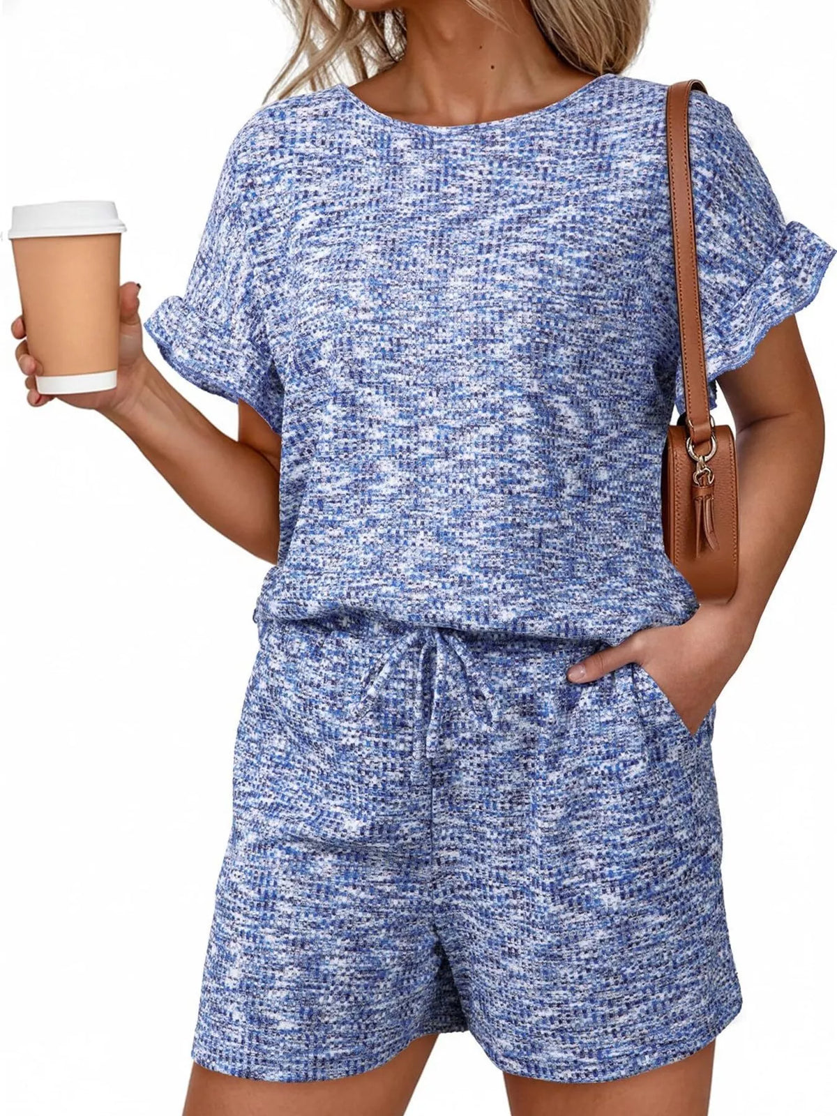 Ruffle Sleeve Textured Top and Shorts Set, view 7