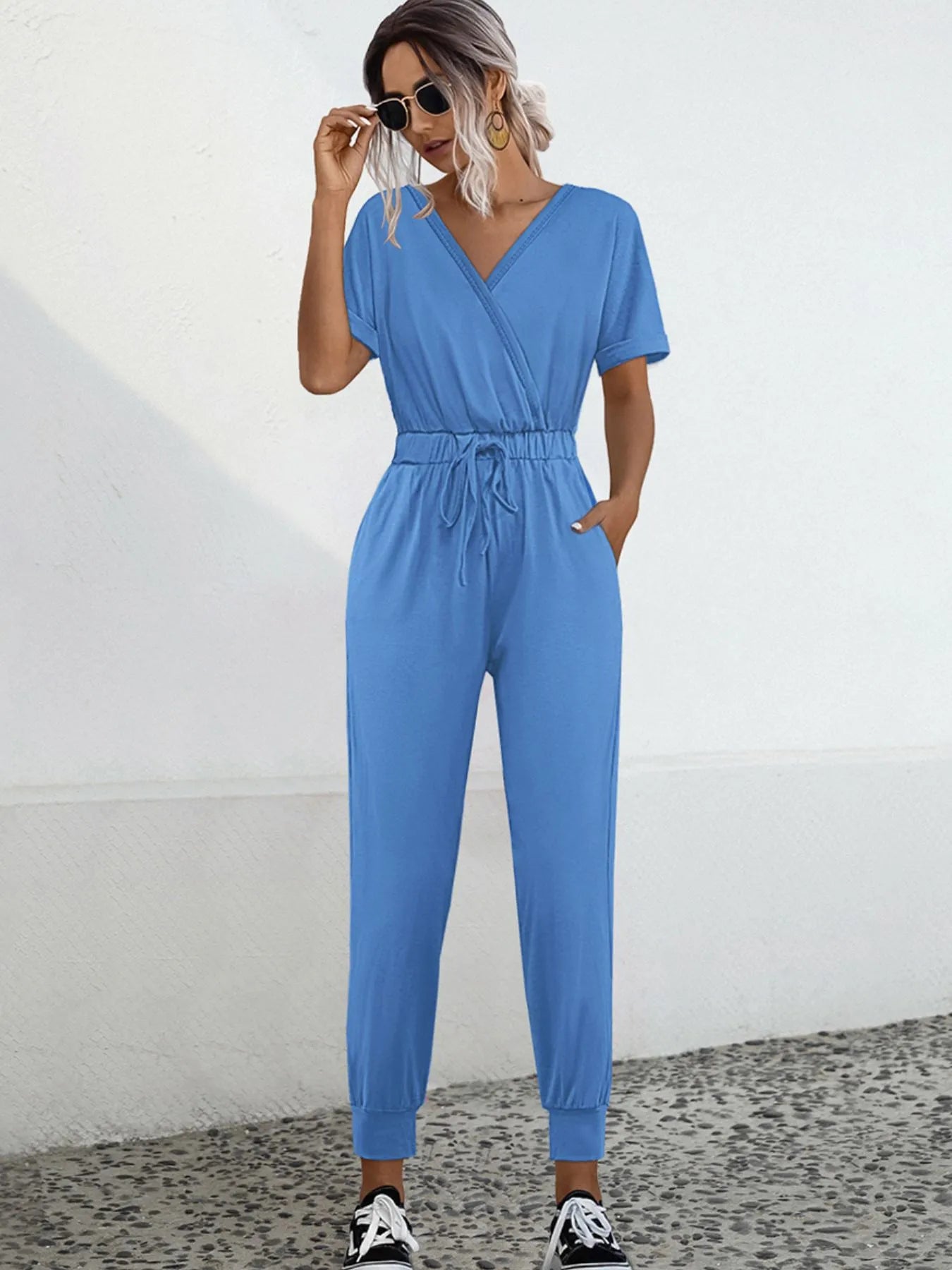 Drawstring Waist Short Sleeve Jumpsuit Sky Blue - Fashorio