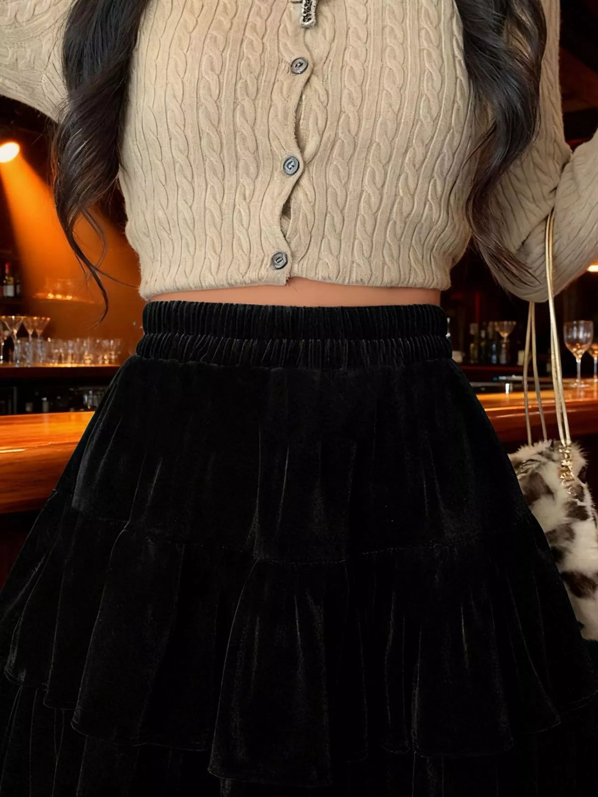 Velvet layered mini skirt, detail view