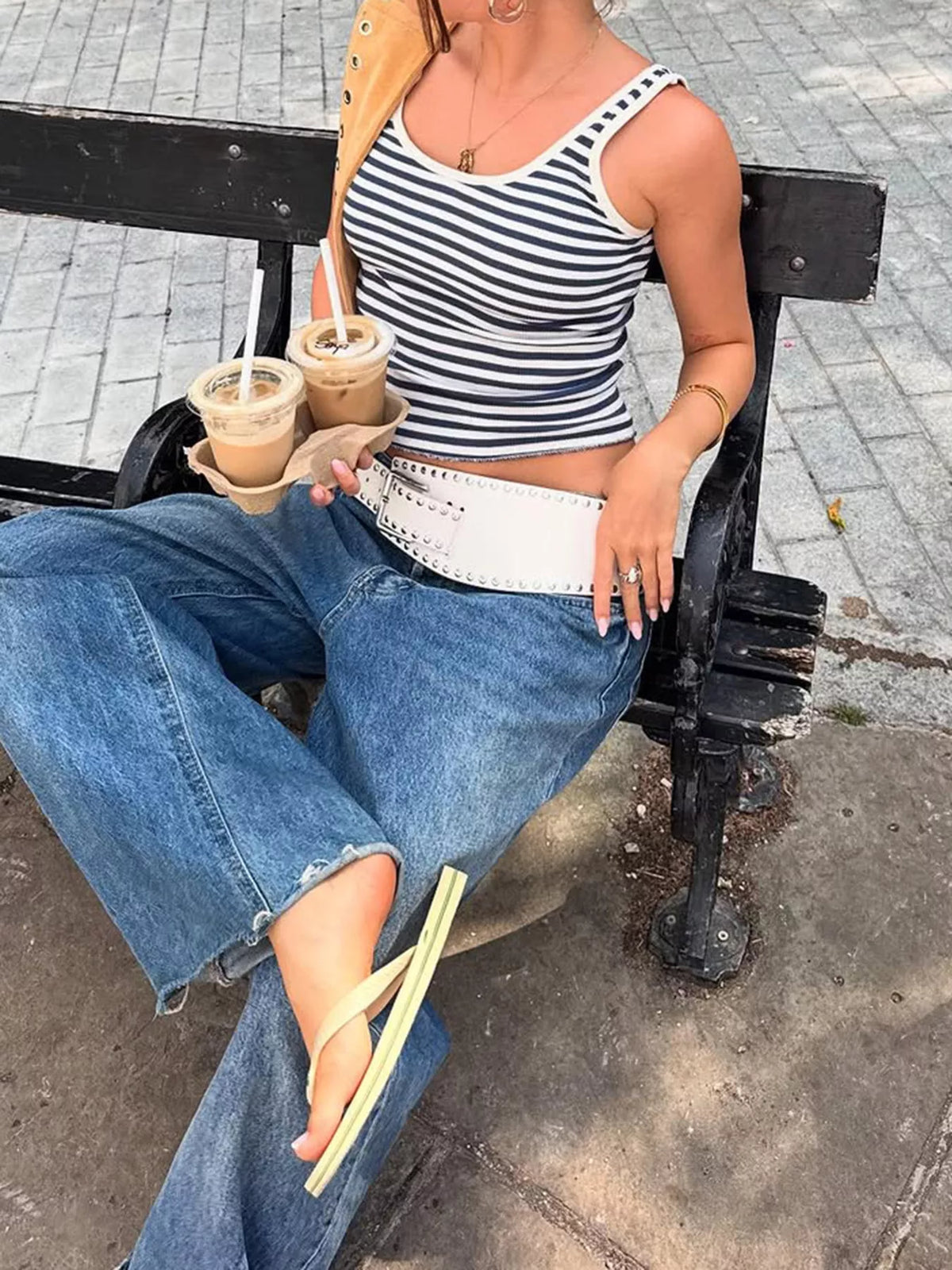 Blue and white striped scoop neck tank styled view