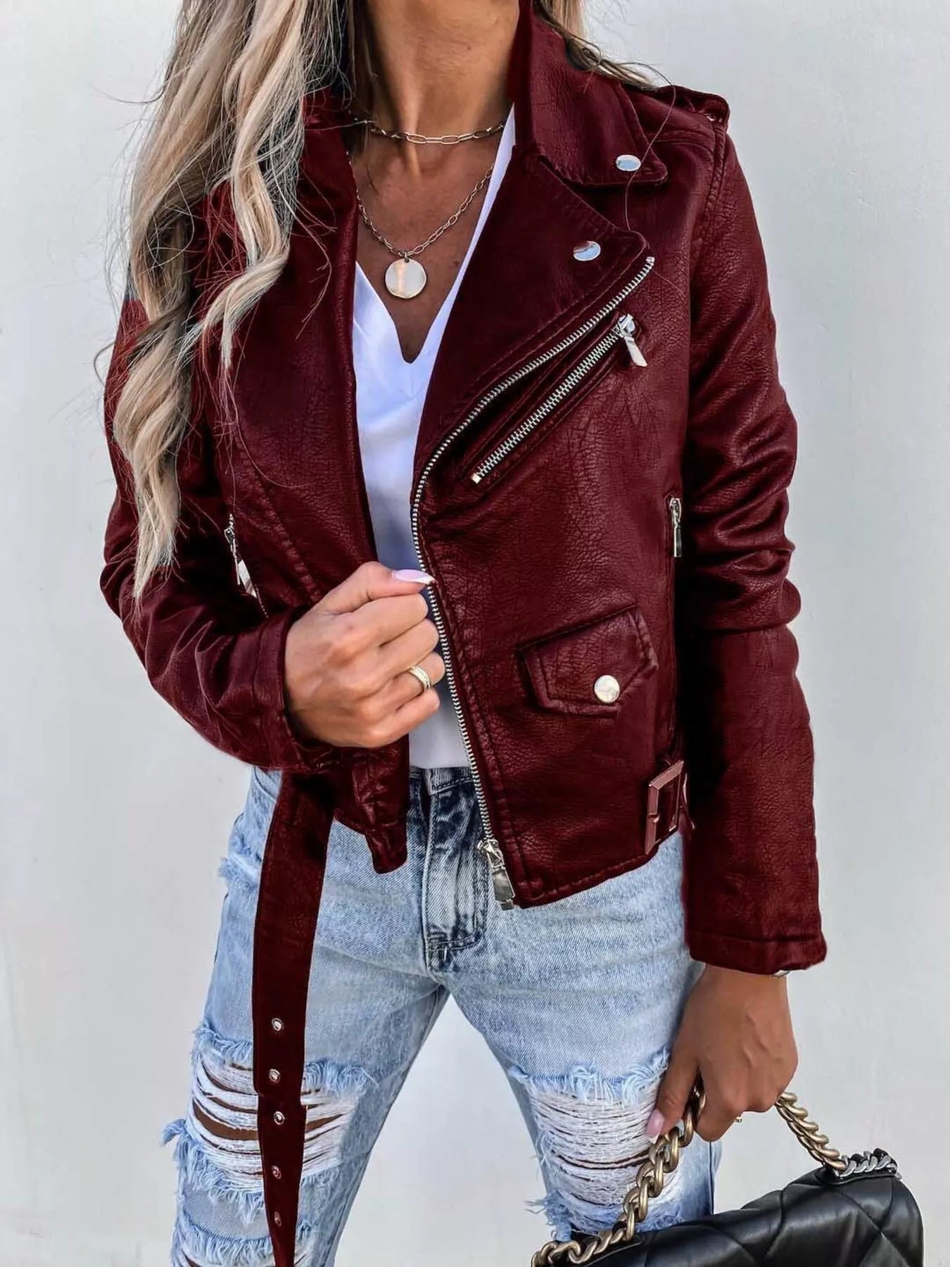 Full Size Zip Up Leather Motorcycle Biker Jacket Plus Size Burgundy - Fashorio