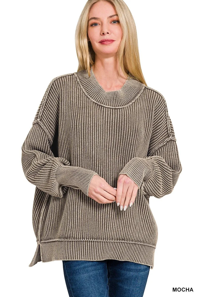 Washed Side Slit Oversized Sweater in Mocha