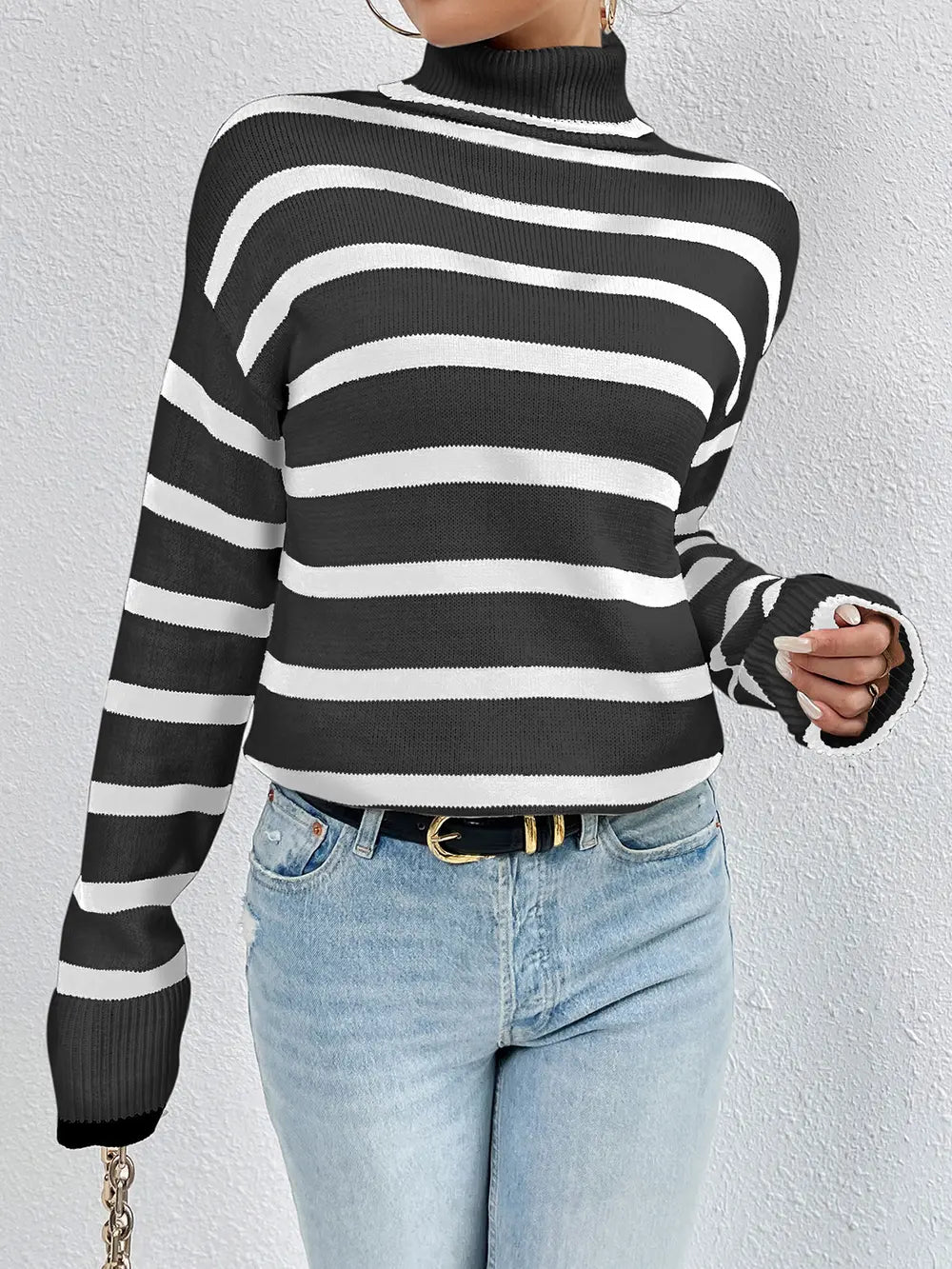 Striped Turtleneck Long Sleeve Sweater Black - Fashorio