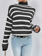 Striped Turtleneck Long Sleeve Sweater Black - Fashorio