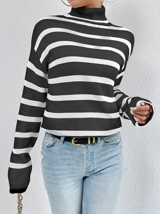 Striped Turtleneck Long Sleeve Sweater Black - Fashorio