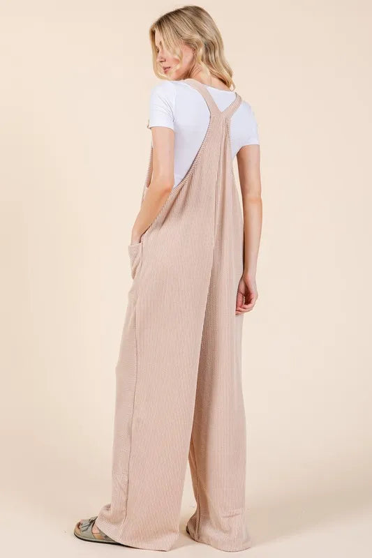Knot Straps Wide Leg Ribbed Overalls with Pockets back view