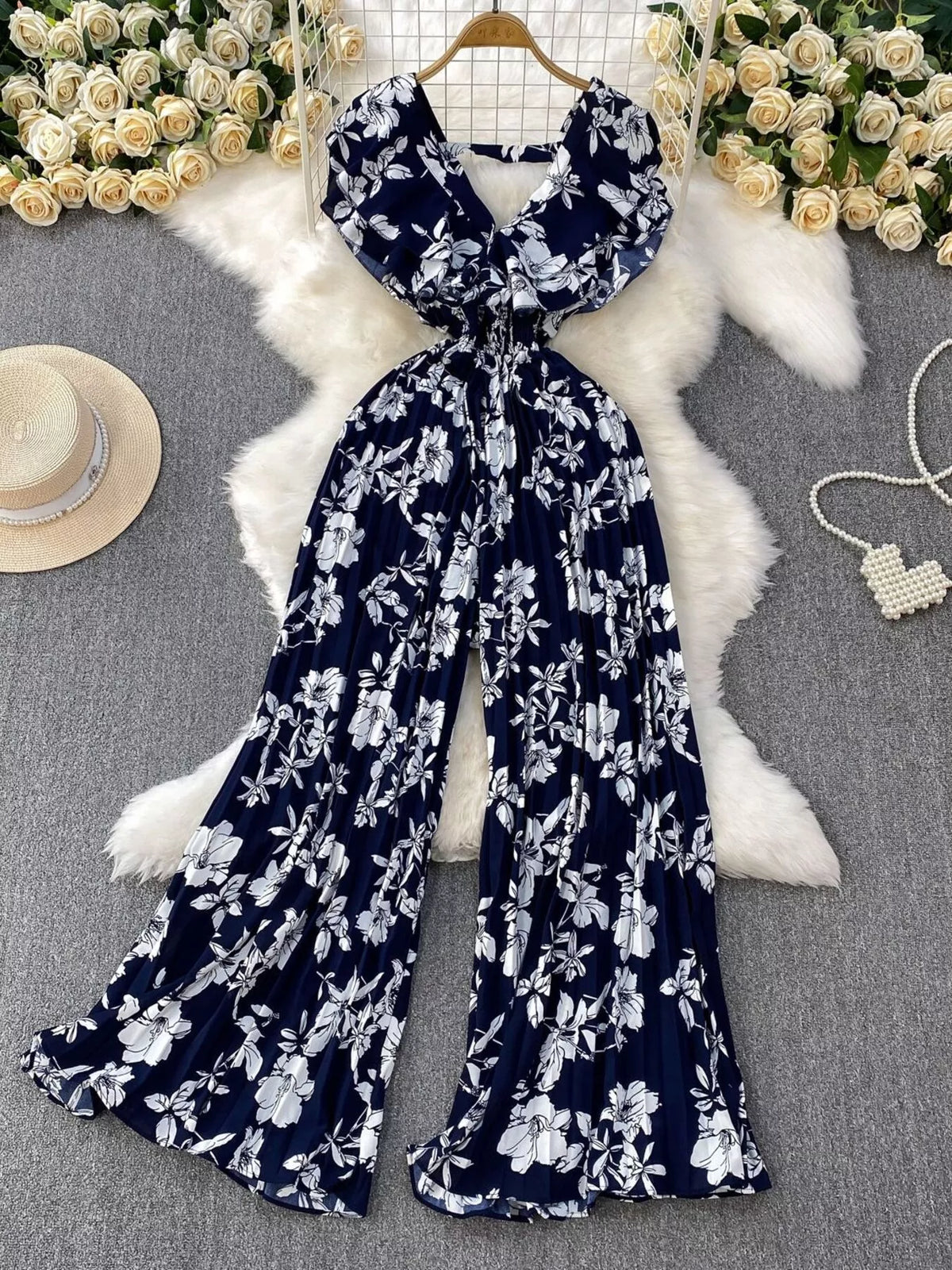 Floral print wide leg pleated jumpsuit side view