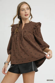 Umgee Bow Print Corduroy Puff Sleeve Blouse with Ruffled Brown - Fashorio