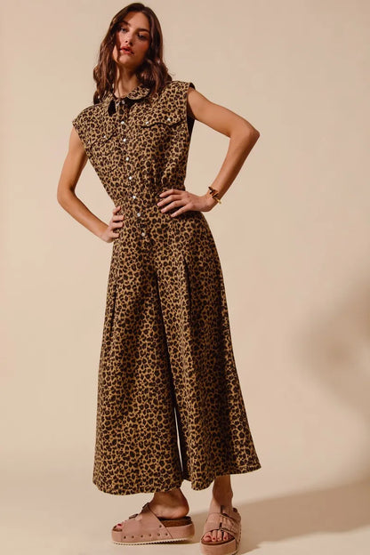 SO ME Wide Leg Leopard Twill Overalls Jumpsuit with Tuck - Fashorio