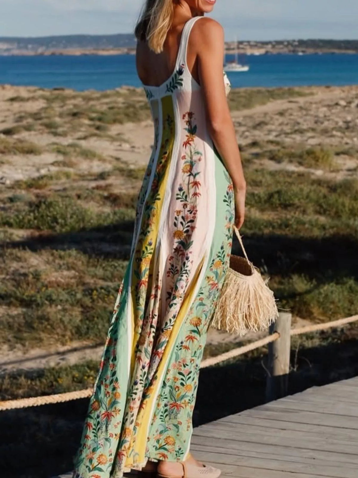 Floral sweetheart neck maxi dress detail view