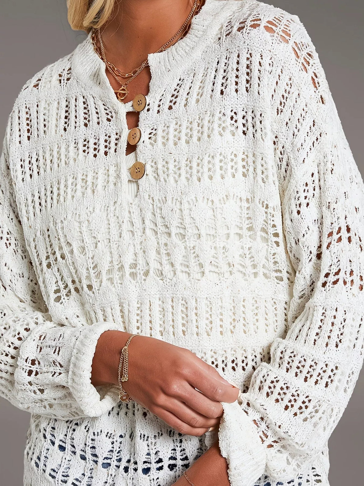 White knit open front cover up button detail