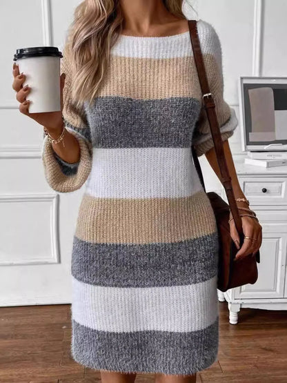 Color Block Long Sleeve Sweater Dress - Fashorio