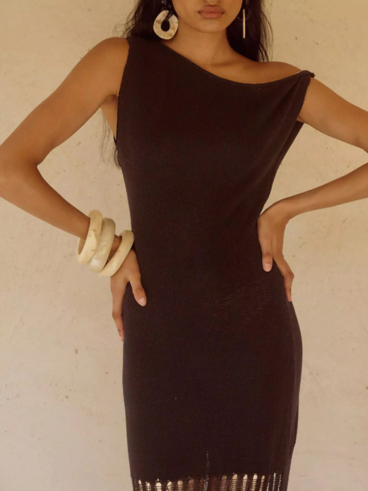 One Shoulder Fringe Maxi Dress side view