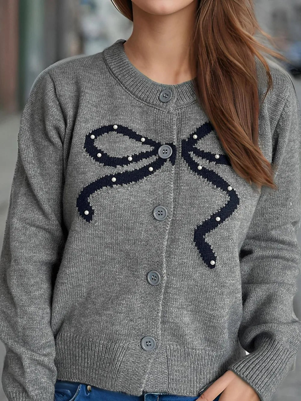 Bow Button Down Round Neck Cardigan Dark Gray One Size - Fashorio